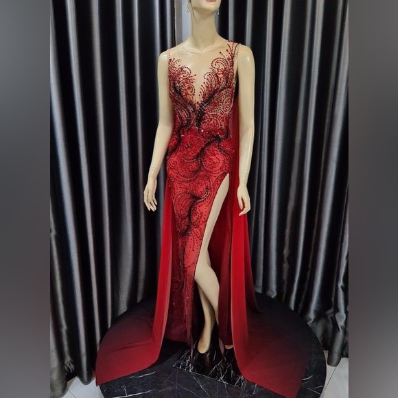 GL Garlate Red Beaded Pageant Gown Illusion Slit Cape Train Formal Dress - Picture 5 of 11